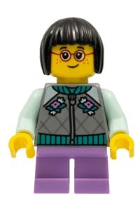 Child Girl Minifigure - Child minifigure with black short hair, glasses, flat silver jacket, medium lavender short legs - hol262