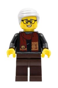 Grandfather Minifigure - Grandfather with light bluish gray hair wearing a black shirt with a dark red scarf and dark brown legs - hol264