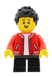 Child Boy Minifigure - Boy with black hair, wearing red jacket over white shirt, and black short legs - hol265