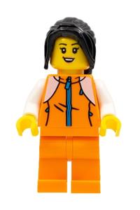 Woman Minifigure - Woman with long black hair wearing an orange track suit - hol266