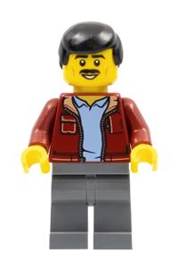 Man with Slick Stache Minifigure - Male with black hair and moustache, wearing a dark red jacket over a bright light blue shirt, with dark bluish gray legs - hol271