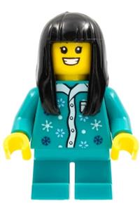 Child Girl Minifigure - Girl child in dark turquoise pajamas with long black hair and short legs - hol272