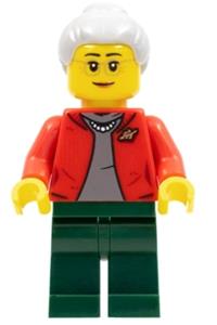 Grandmother Minifigure - Grandmother with red jacket, dark bluish gray shirt, dark green legs, light bluish gray hair, and glasses - hol273