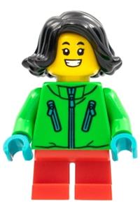 Child Girl Minifigure - Girl child with black hair, wearing a bright green jacket and red short legs - hol275