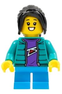 Child Girl Minifigure - Girl child with black long hair, wearing a dark turquoise jacket over a dark purple shirt and dark azure short legs - hol276
