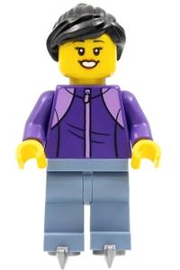 Woman on Skates Minifigure - Woman with black hair wearing a dark purple jacket, sand blue legs, and ice skates - hol277