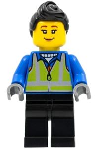 Woman Minifigure - Woman with black hair, wearing a blue coat and lime safety vest with black legs - hol279