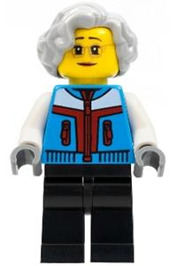 Grandma Minifigure - Woman with light bluish gray hair wearing a dark azure coat and black legs - hol280