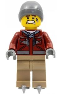 Man on Skates Minifigure - Man with a dark red jacket, dark tan legs, wearing a dark bluish gray beanie, and ice skates - hol281