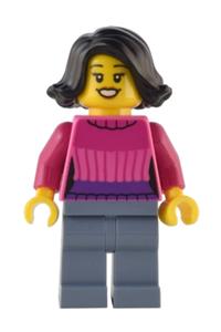Holiday Shopper Minifigure - Holiday shopper wearing a dark pink sweater - hol287