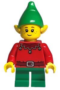 Winter Elf Minifigure - Elf with a dark red scalloped collar with bells and a bright green hat - hol294