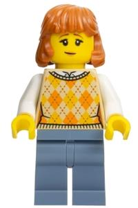 Lunar New Year Parade Spectator - Female spectator with dark orange hair, wearing a tan sweater with orange diamonds, sand blue legs - hol311