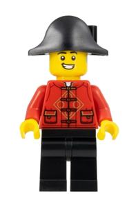 Lunar New Year Parade Participant - Male Lunar New Year Parade participant wearing a red Tang shirt and black legs paired with a pirate bicorne hat - hol321
