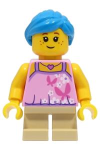 Birthday Girl Minifigure - Girl minifigure with a bright pink top featuring butterflies and flowers, tan short legs, and dark azure hair - hol324