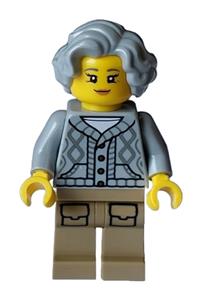 Lodge Owner Minifigure - Female lodge owner with light bluish gray knit cable cardigan sweater, dark tan legs with pockets, and wavy hair - hol326