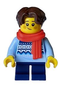 Child Minifigure - Girl child with dark brown hair, freckles, wearing a bright light blue knit Fair Isle sweater, and dark blue short legs with a red scarf - hol327