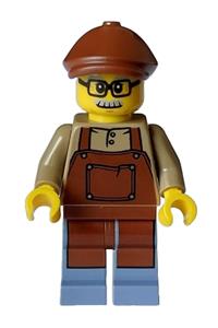 Lodge Owner Minifigure - Male lodge owner with a reddish brown apron, sand blue legs, a reddish brown flat cap, moustache, and glasses - hol328