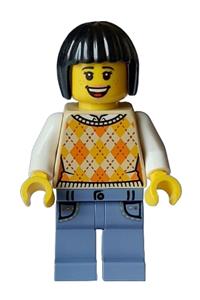 Tourist - Female, Tan Knit Argyle Sweater Vest, Sand Blue Legs with Pockets, Black Bob Cut Hair, Freckles hol329