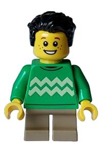 Child Minifigure - Boy in a bright green sweater with bright light yellow zigzag lines, dark tan short legs, black tousled hair, and freckles - hol332