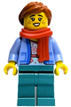 Female wintertime carriage passenger with bright light blue jacket over white shirt with coral flowers, dark turquoise legs, dark orange ponytail, freckles, and red scarf - hol333