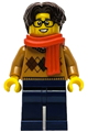 Male wintertime carriage passenger with medium nougat argyle sweater, dark blue legs, dark brown hair, glasses, and red scarf - hol334