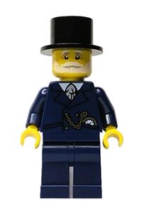Wintertime Carriage Driver - Male, Dark Blue Suit with Gold Chain and Watch, White Beard and Moustache, Black Top Hat hol335