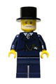 Male wintertime carriage driver in a dark blue suit with gold chain and watch, white beard and moustache, wearing a black top hat - hol335