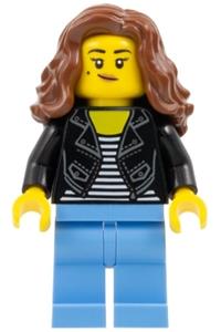 Woman Minifigure - Woman with reddish brown long hair, wearing a black jacket over a striped shirt and medium blue legs - hol336
