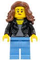 Woman with reddish brown long hair, wearing a black jacket over a striped shirt and medium blue legs - hol336