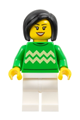 Woman with black hair, wearing a bright green sweater with bright light yellow zigzag lines along with white legs - hol338