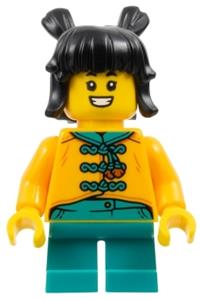 Child Minifigure - Girl child with black hair in buns, wearing a bright light orange tang jacket and dark turquoise short legs - hol339