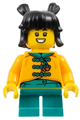 Girl child with black hair in buns, wearing a bright light orange tang jacket and dark turquoise short legs - hol339