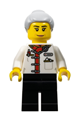 Female restaurant worker in white uniform jacket with black legs and light bluish gray hair in top knot bun - hol340