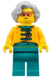 Flower Seller Minifigure - Female flower seller wearing a bright light orange tang jacket, with dark turquoise legs, light bluish gray hair, and red glasses - hol341