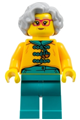 Female flower seller wearing a bright light orange tang jacket, with dark turquoise legs, light bluish gray hair, and red glasses - hol341