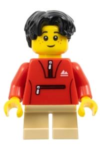 Child Minifigure - Boy wearing a red tracksuit jacket with tan short legs and black hair - hol342