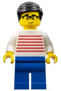 Man - White Sweater with Red Horizontal Stripes, Blue Legs, Black Hair, Glasses hol343