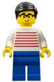 Man wearing a white sweater with red horizontal stripes and blue legs, black hair, and glasses - hol343