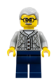 Man wearing a light bluish gray knit cable cardigan sweater, with dark blue legs, light bluish gray hair, and glasses - hol344