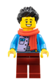 Man wearing dark azure jacket over silver shirt with dark red legs, black hair, and red scarf - hol346
