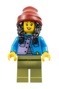 Woman Minifigure - Woman wearing a dark azure jacket over a silver shirt, olive green legs, black hair, and a dark red beanie - hol347