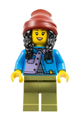Woman wearing a dark azure jacket over a silver shirt, olive green legs, black hair, and a dark red beanie - hol347