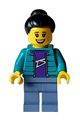 Woman minifigure with a dark turquoise jacket over a dark purple shirt, sand blue legs, and black hair in a top knot bun - hol353