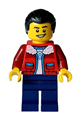 Man in a red jacket with white fleece collar, dark blue legs, and black hair in a ponytail - hol354