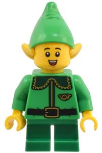 Elf Minifigure - Elf with dark green collar and gold horn, has an open mouth smile with freckles - hol364