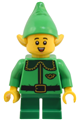 Elf with dark green collar and gold horn, has an open mouth smile with freckles - hol364