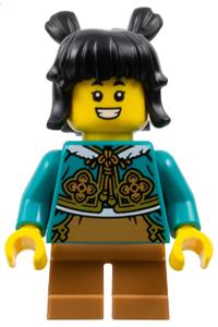 Chinese Child Girl Minifigure - Girl child with black hair in buns wearing a dark turquoise cheongsam bolero shrug and medium nougat short legs - hol371