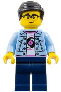Chinese Man Minifigure - Man wearing bright light blue jacket over a white shirt with record, paired with dark blue legs, black hair, and glasses - hol372
