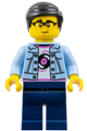 Man wearing bright light blue jacket over a white shirt with record, paired with dark blue legs, black hair, and glasses - hol372