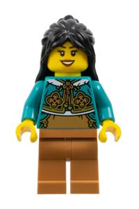 Woman Minifigure - Woman, Black Long Hair, Dark Turquoise Cheongsam Bolero Shrug, Medium Nougat Legs - hol373